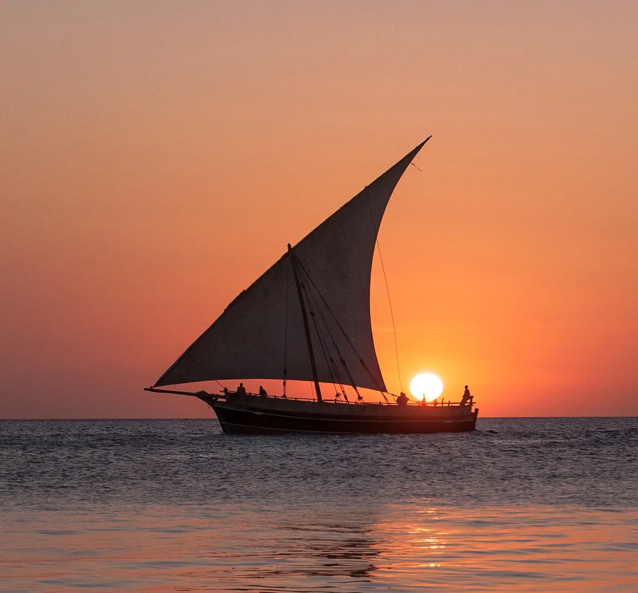 Dhow de vela latina navegando frente a la costa de Zanzíbar al atardecer